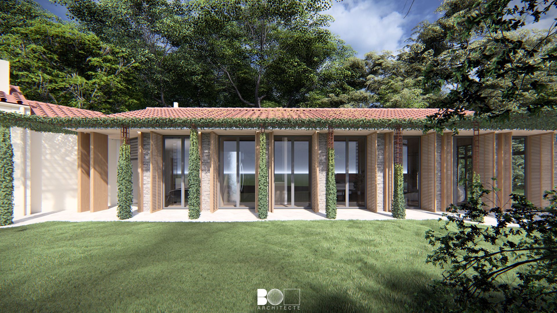 Vue depuis le jardin sur la maison Le Séchoir